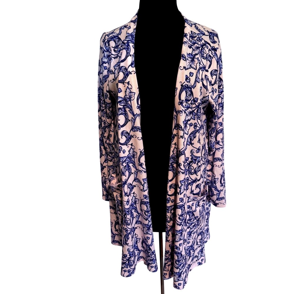 LuLaRoe Caroline Cardigan Blue White Porcelain Print Long‎ Duster Elegant